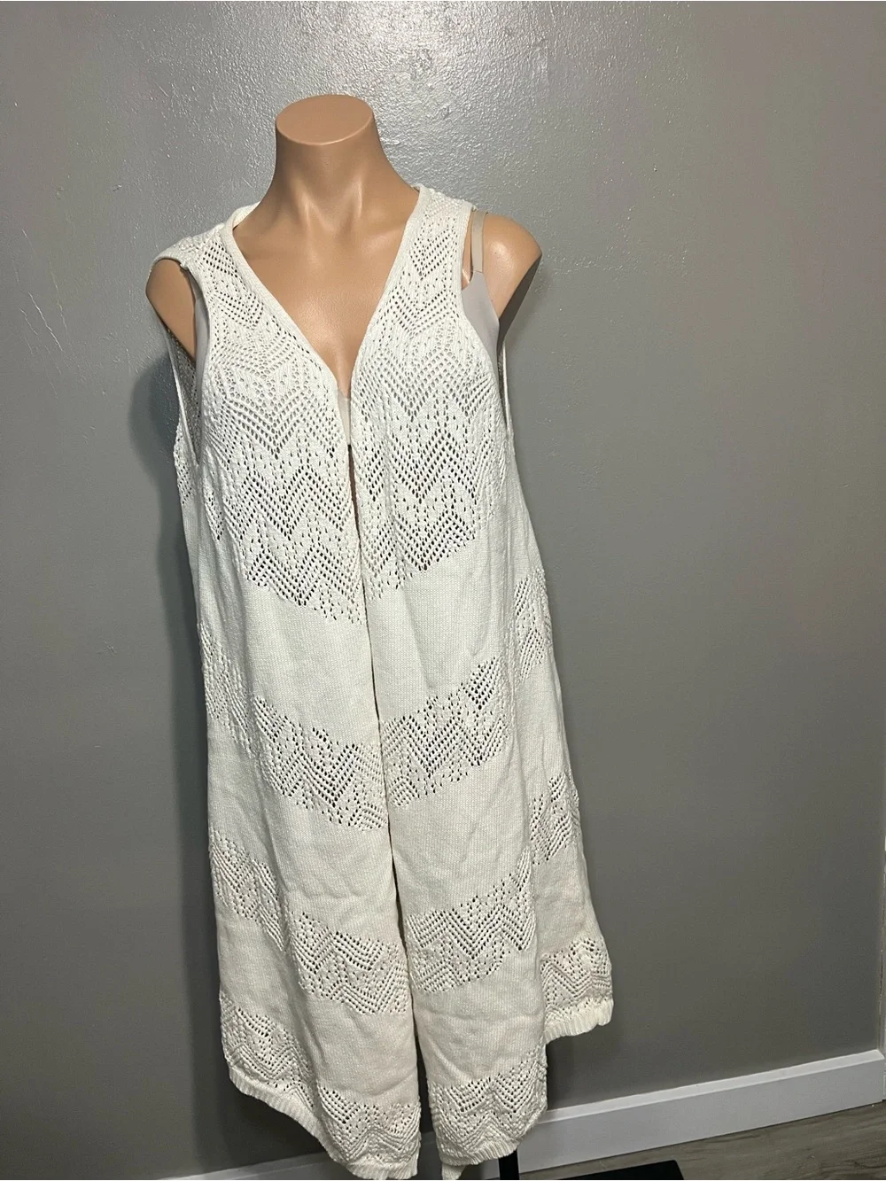 Wrangler Retro Cream Open Knit Crochet Long Duster Vest - Size M